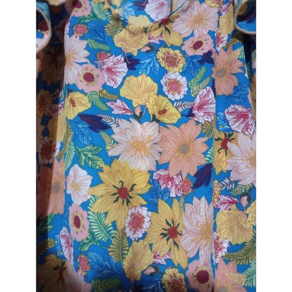 Status by Chenault Shirt Ladies Large Blue Yellow Floral Flutter Sleeve Light We - Picture 5 of 8